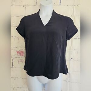 Talbots Black Pure Silk Blouse size 12 Side Zipper V-neck Short Sleeve Lined